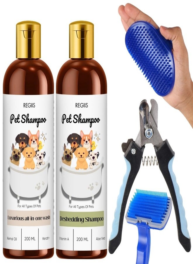 REGIIS Pet Grooming Kit with Dog Shampoo Set, 2 Bottles 200ML Each, Deshedding Brush, Nail Clipper for All Types of Pets - Image 1